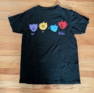 The Beatles Black Tee with Red, Blue, Yellow, and Purple Faces